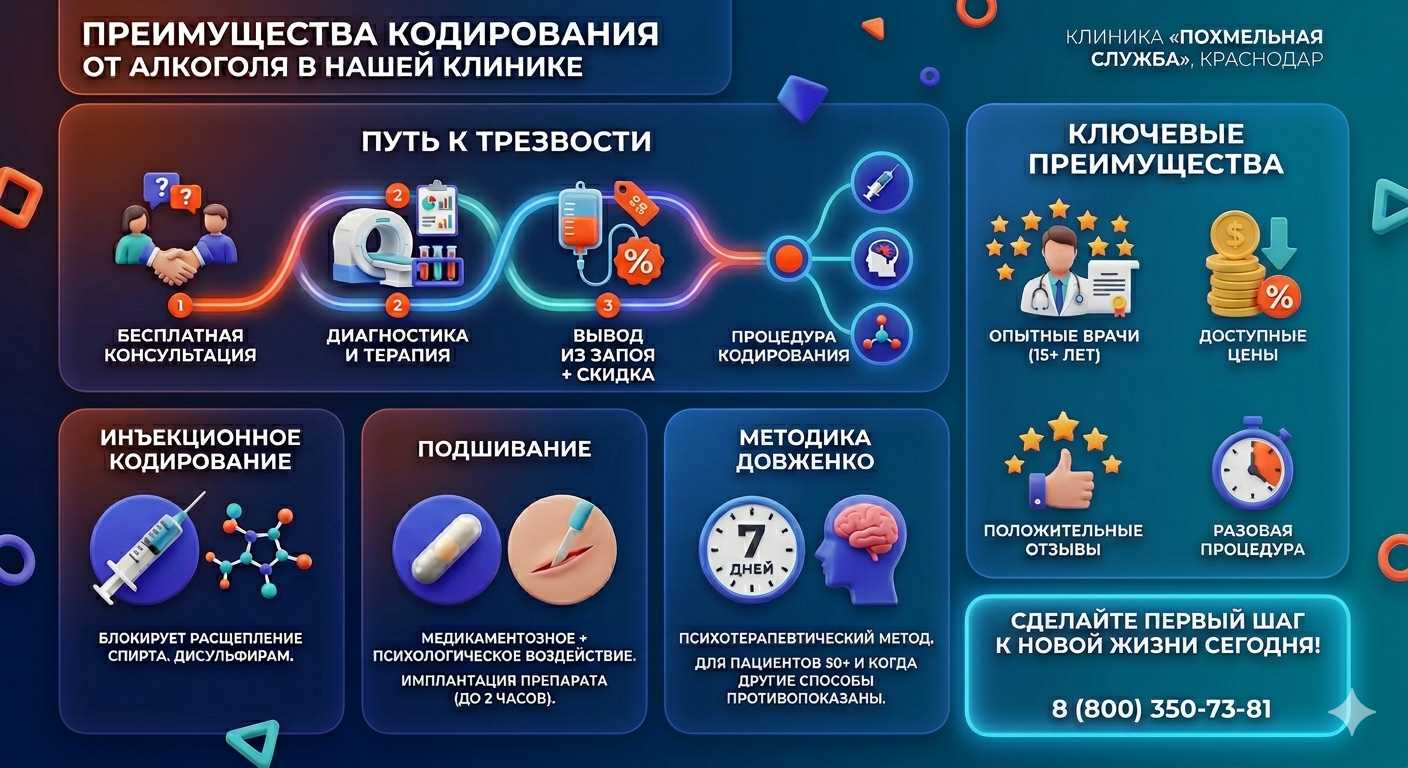 Инфографика о методах кодирования от алкоголя в Городеце: инъекции, подшивание, метод Довженко. Преимущества клиники и этапы лечения.