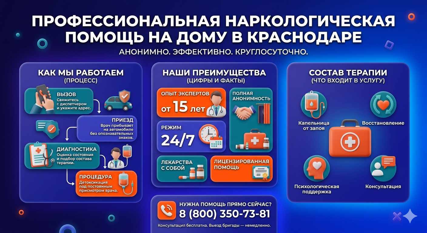 Инфографика о принципах лечения алкоголизма на дому в Городеце: этапы вызова нарколога, преимущества анонимной детоксикации и состав медицинской помощи.